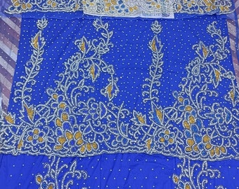 Royal Blue and silver gold George Bridal Lace fabric for African traditional Wedding fabric, Bride, wedding guest outfits. We Ship Next Day