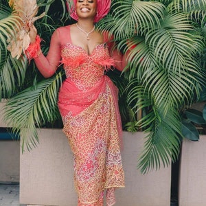 Elegant Red & Gold Yoruba Lace Outfit | Feather Sleeve Iro and Buba with Gele