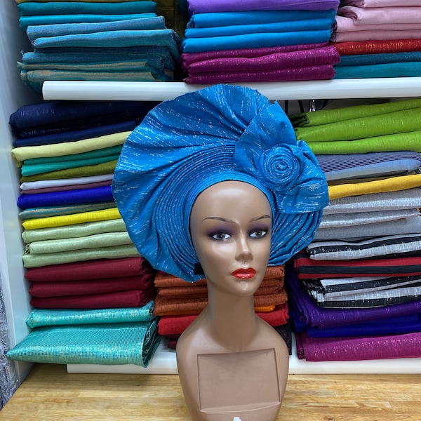 Nigerian Blue Autogele, Premade Asooke for Nigeria Traditional Wedding, Bridal Wedding Hat, African Wedding Autogele for Women, Brides Gift