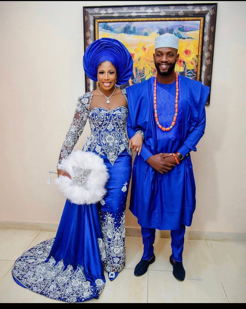 Royal Blue Dress Nigeria Traditional Wedding Beading Bridal Etsy