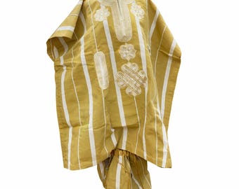 Men's Aso Oke Agbada Set | Mustard Gold Yoruba Wedding Attire (Fila)