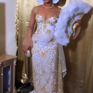 Heavy Beaded Igbo White & gold Georgette traditional fabric, luxury shining wedding lace materials, hand appliqué beaded lace. Ship next day