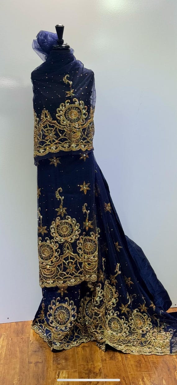 Navy Blue & Gold George Beaded Net Nigerian Wedding Fabric - Etsy