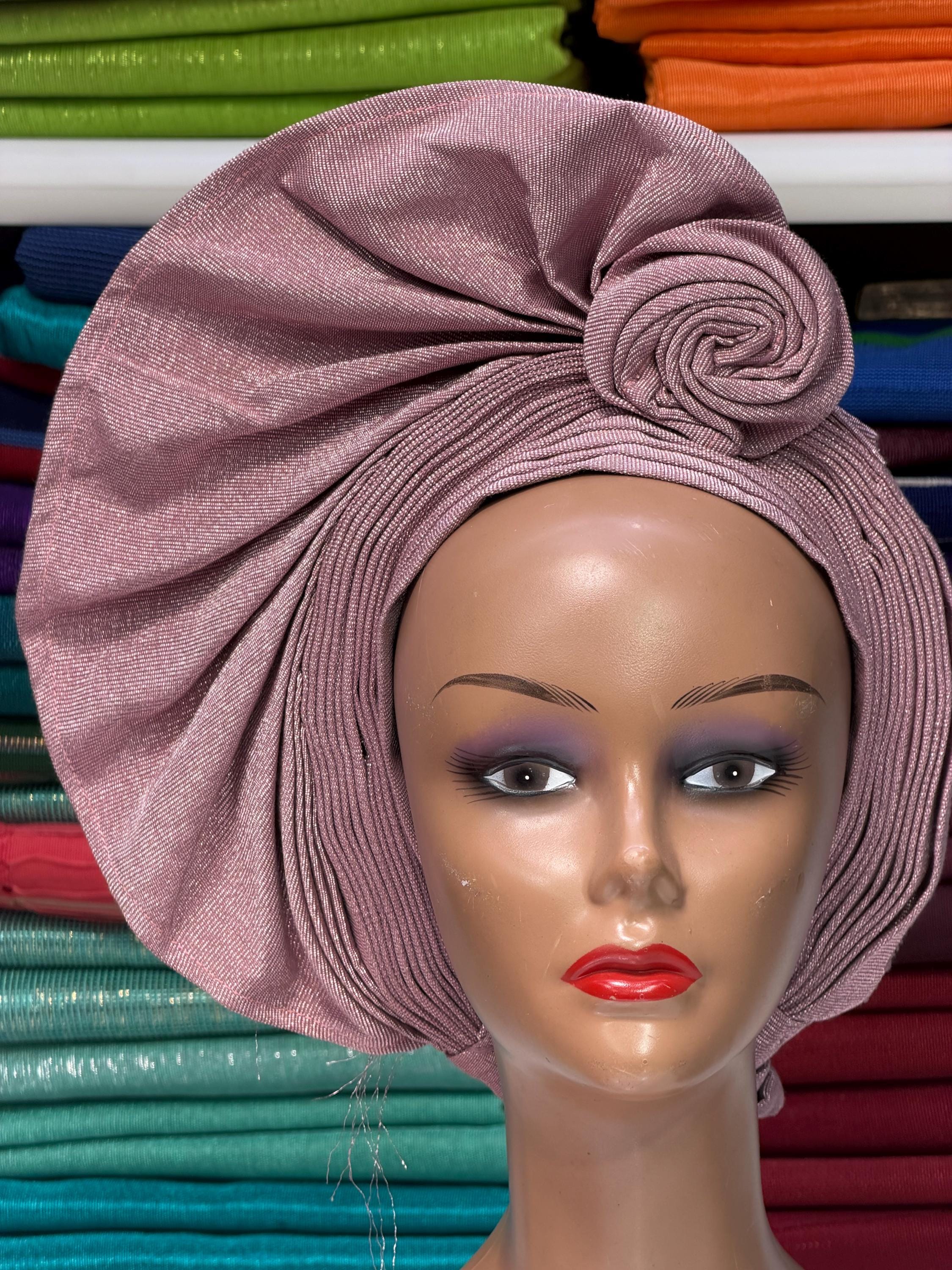 Aso-Oke African Headtie Auto Gele, Pink Stoned Ready Made Gele Fabric Baby Pink Auto Gele: Ready to Wear Aso-oke Headwrap - Etsy main image 3