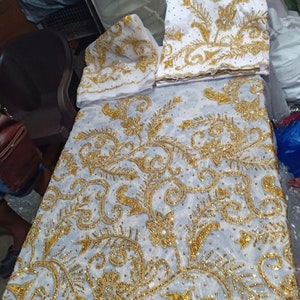 White and Gold color bridal George Nigerian traditional Wedding 1.5 blouse and 5yds wrapper Material only for Royal Wedding We ship next Day