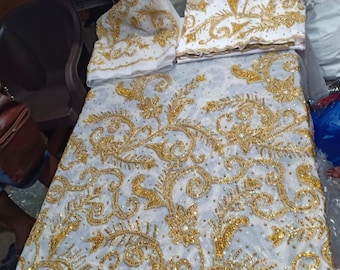 White and Gold color bridal George Nigerian traditional Wedding 1.5 blouse and 5yds wrapper Material only for Royal Wedding We ship next Day