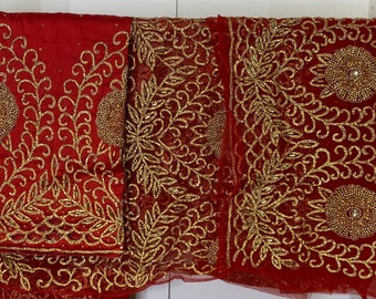 Red & Gold Nigerian George Wrapper, Bridal Lace Wrap, Guipure lace Fabric for Brides, Nigerian Trendy Party, African Weddings. SHIP NEXT DAY