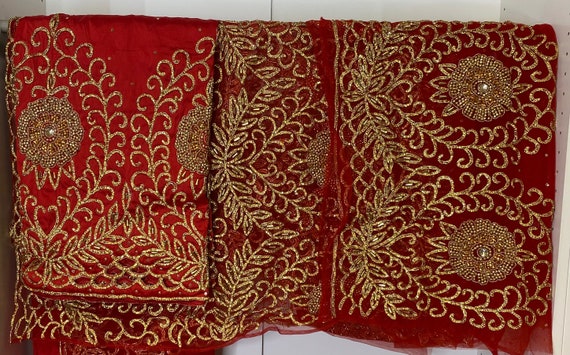 Red Gold Nigerian George Wrapper Bridal Lace Wrap Guipure lace Fabric for Brides Nigerian Trendy Party African Weddings. SHIP NEXT DAY