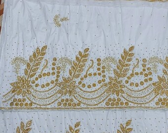 White and gold exquisite Bridal George women lace fabric for wedding guest outfit Nigerian Party 1.5 blouse and 5yds wrappers. Ship Next Day