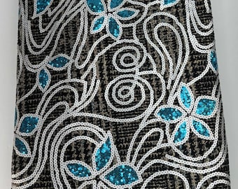 Floral Sequin Lace Fabric: Turquoise Blue & White Embroidered Party Fabric