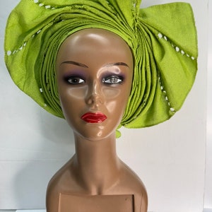 Lemon green  autogele, ready to wear gele, African hat, traditional wedding hat, pre-tied headgear, headwrap, Headtie,  we ship next day