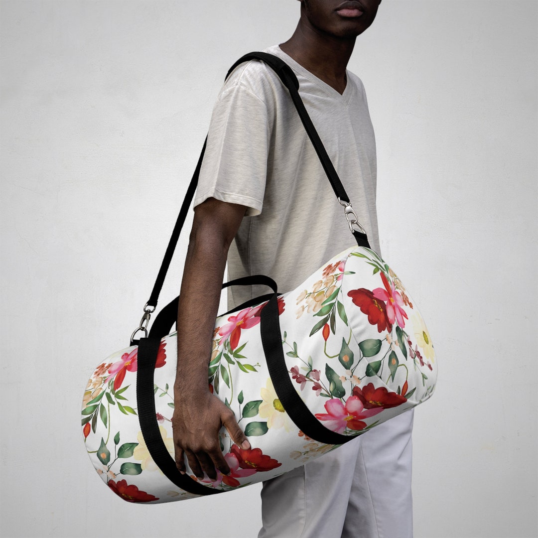 Floral Duffel Bag White With Garden Flowers Floral Weekender Etsy