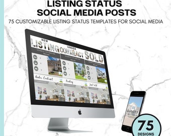 May include: A computer monitor and smartphone displaying real estate listing status templates. The monitor shows "New", "Under Contract", and "Sold" templates. The smartphone displays a "Pending" template. The image includes the text "Listing Status Social Media Posts" and "75 Designs".