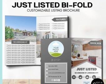 May include: A bi-fold brochure with the text "JUST LISTED" and "CUSTOMIZABLE LISTING BROCHURE". The brochure features images of a house and kitchen, with placeholders for photos and property details. Contact information and social media icons are included.
