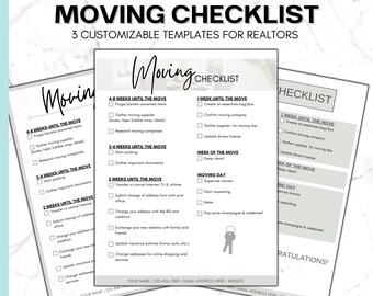Moving Checklist | Templates for Realtors | 3 Customizable Moving To Do List Templates Editable in Canva - for Real Estate Agents