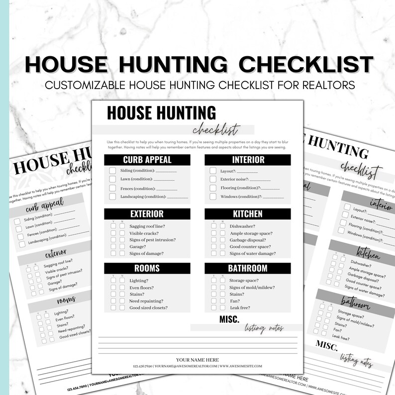 Customizable House Hunting Checklist for Realtors, 3 Editable Templates