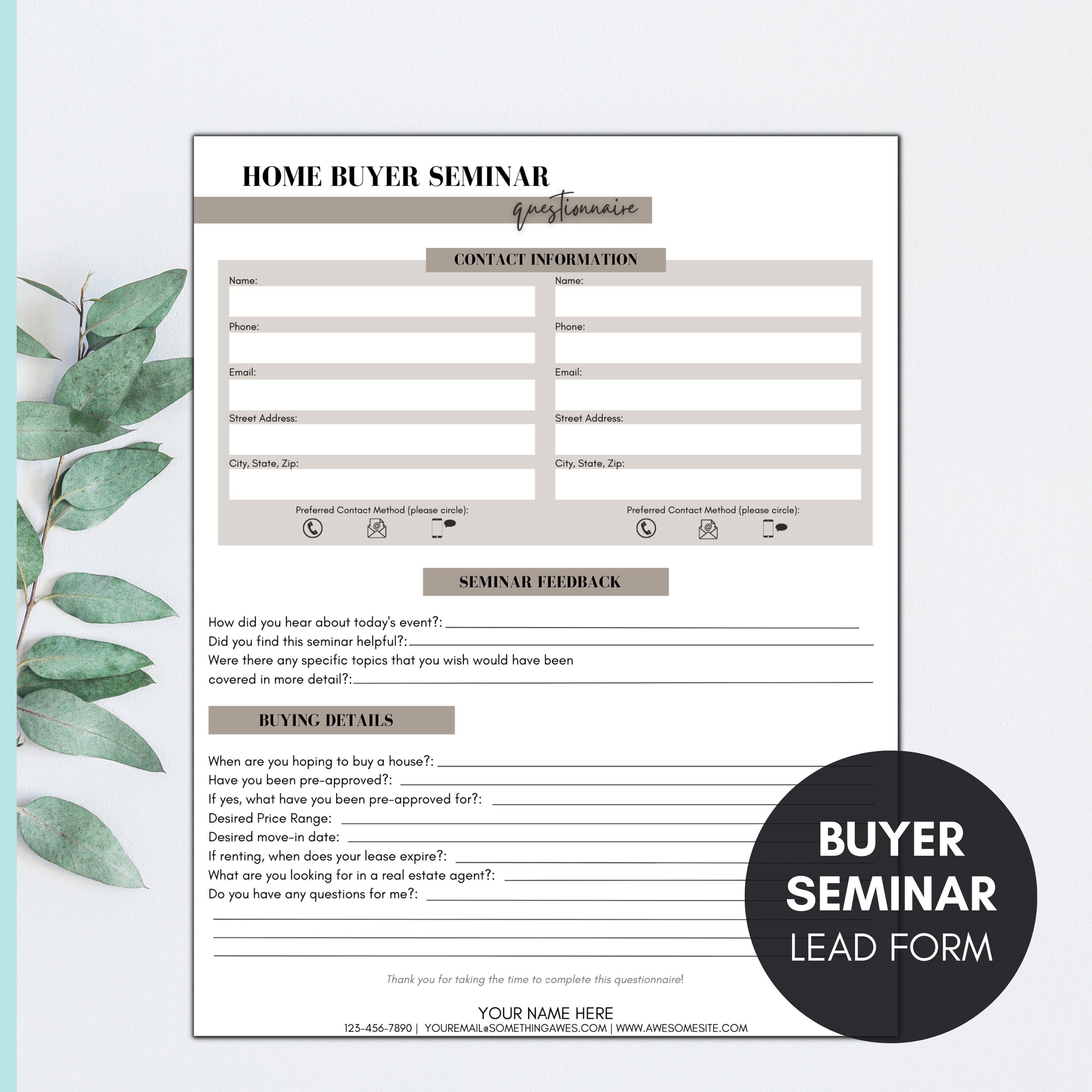 Homebuyer Seminar Questionnaire and Lead Form Customizable Template in