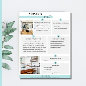 May include: A moving checklist with a light blue border and text. The checklist includes tasks to complete before, during, and after the move, such as packing, changing addresses, and cleaning. The checklist also includes a space to add your name and contact information.
