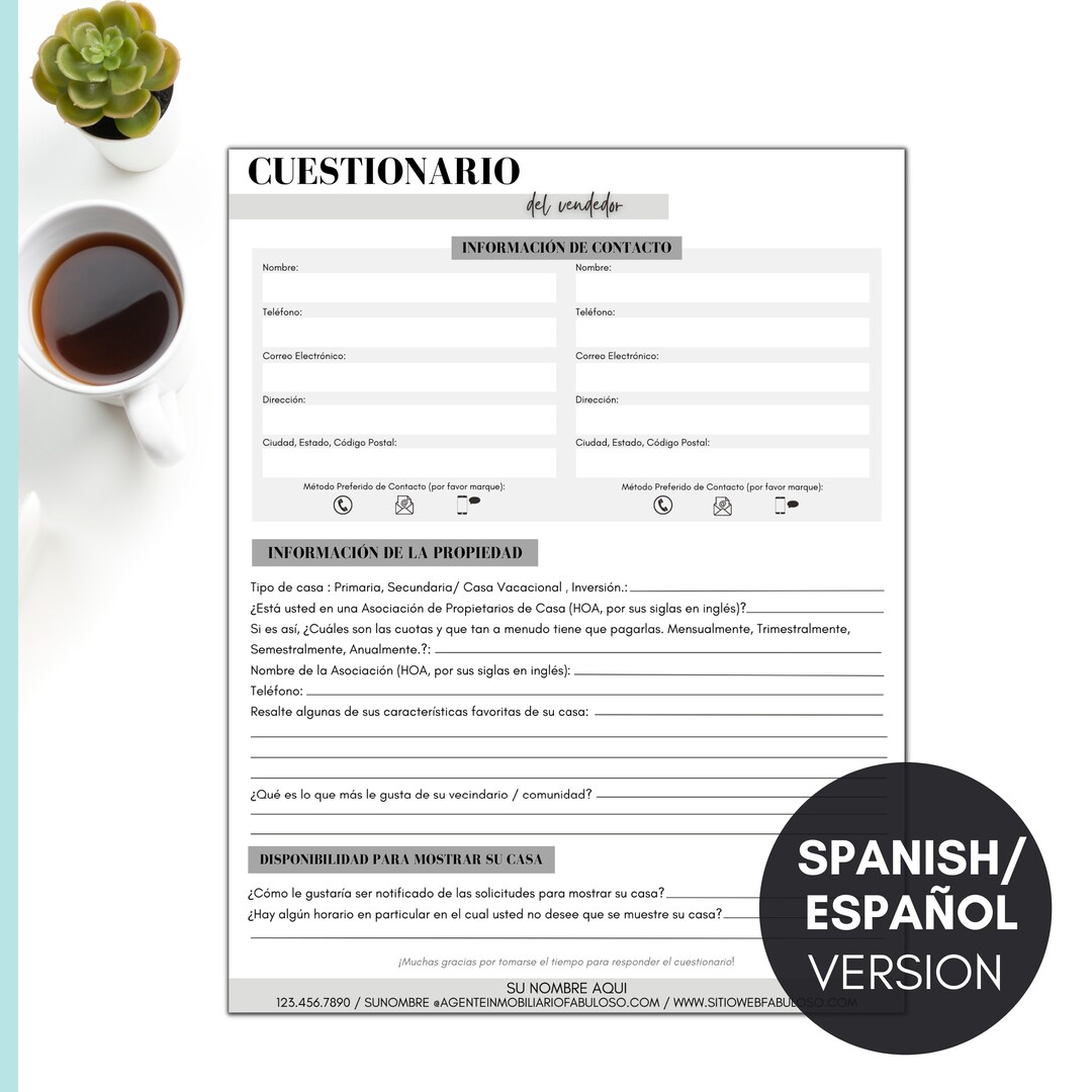 Home Seller Questionnaire Spanish/español Version Customizable Template
