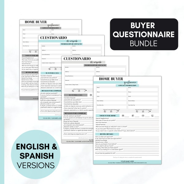 Home Buyer Questionnaire - English & Spanish Versions | Customizable Template in Canva for Real Estate Professionals