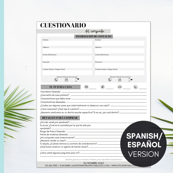 Cuestionario para compradores de vivienda - Versión en español/español / Plantilla personalizable en Canva para profesionales de bienes raíces