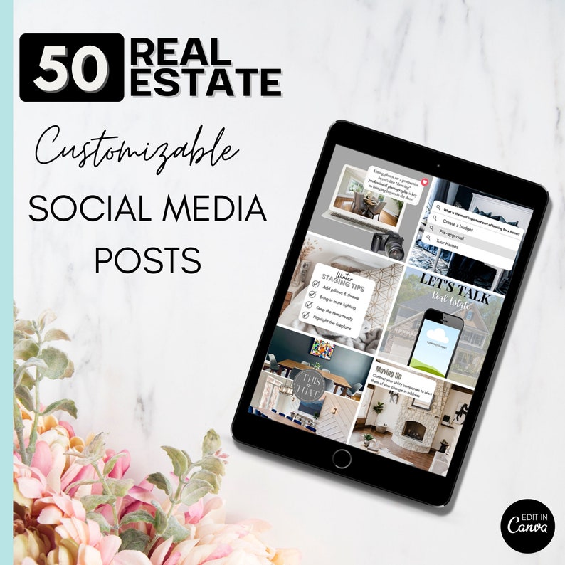 May include: A black tablet displays real estate social media post templates. The screen shows various layouts with text like "Winter Staging Tips" and "Let's Talk Real Estate." The text "50 Real Estate Customizable Social Media Posts" is at the top.
