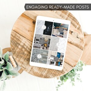 May include: A white tablet displays a grid of interior design images, with the text "THIS or THAT" on each. The tablet rests on a rustic wooden spool table. The text "ENGAGING READY-MADE POSTS" is above the tablet.