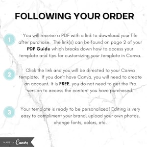 May include: A white and gray graphic with the text "FOLLOWING YOUR ORDER" and numbered steps. The steps explain how to access and personalize a template in Canva, including downloading a PDF guide and editing options.
