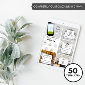 May include: A white tablet displays a real estate marketing template with the text "Completely Customizable in Canva." The template includes sections on home staging, referrals, and home improvement tips. A sprig of green leaves is in the foreground.