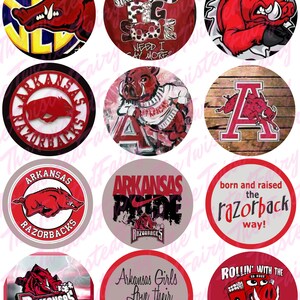 May include: A set of 10 round stickers featuring various designs related to the University of Arkansas Razorbacks. The stickers feature the Razorback mascot, the team's logo, and various slogans related to the team.