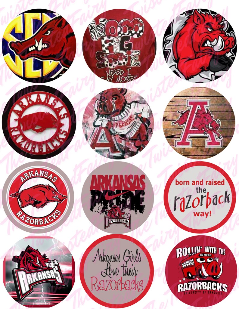 May include: A set of 10 round stickers featuring various designs related to the University of Arkansas Razorbacks. The stickers feature the Razorback mascot, the team's logo, and various slogans related to the team.