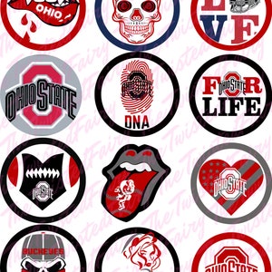 May include: A set of 10 round, red, white and black Ohio State Buckeyes themed cupcake toppers. The toppers feature various designs including a skull, a heart, a football, a tongue and a fingerprint. The text "Ohio State" and "Buckeyes" appears on several of the toppers.
