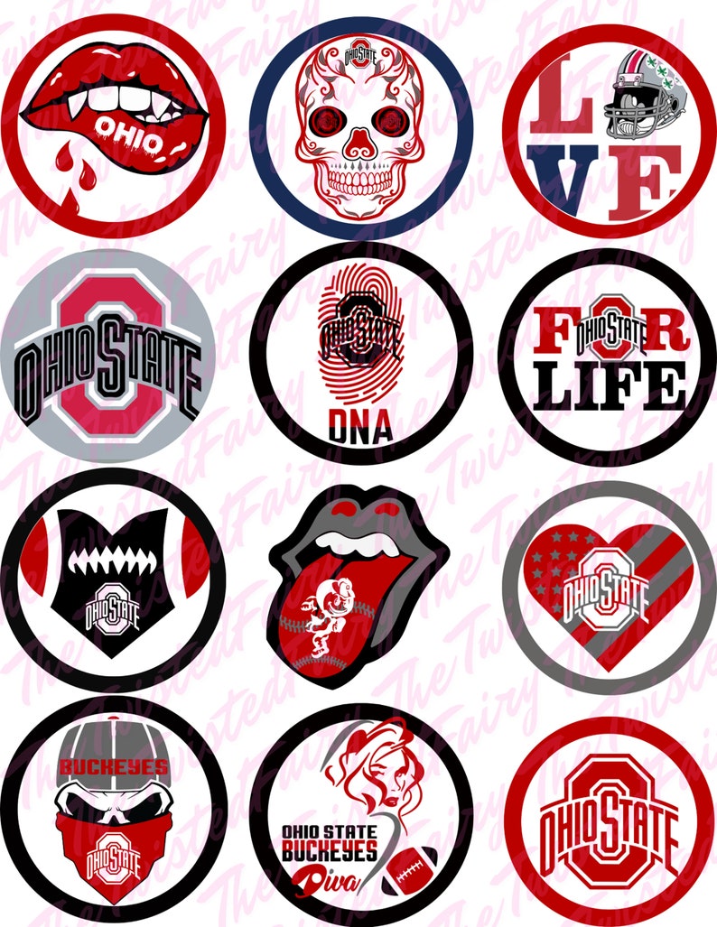 May include: A set of 10 round, red, white and black Ohio State Buckeyes themed cupcake toppers. The toppers feature various designs including a skull, a heart, a football, a tongue and a fingerprint. The text "Ohio State" and "Buckeyes" appears on several of the toppers.