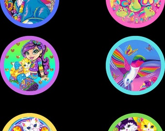 May include: Six colorful circular stickers with various images. The stickers feature a blue cat wearing a hat, a green turtle, a girl with a cat, a rainbow hummingbird, a white cat with wings, and two black and white cats on a pink shoe.