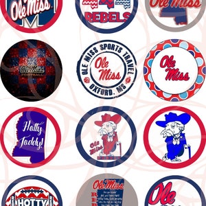 May include: Twelve round cupcake toppers featuring the Ole Miss Rebels logo and mascot. The toppers feature a variety of designs, including the school's colours of red and blue, the state of Mississippi, and the words "Hotty Toddy!" and "Ole Miss Rebels".