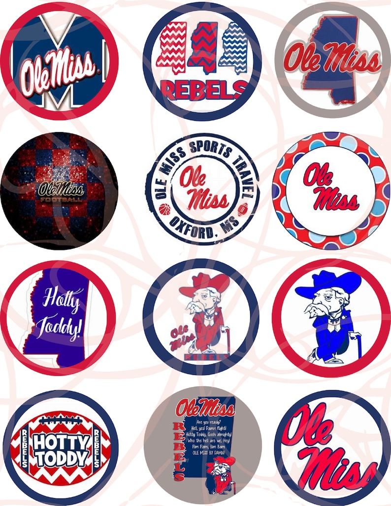 May include: Twelve round cupcake toppers featuring the Ole Miss Rebels logo and mascot. The toppers feature a variety of designs, including the school's colours of red and blue, the state of Mississippi, and the words "Hotty Toddy!" and "Ole Miss Rebels".