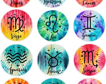 May include: Twelve colorful tie-dye circles with zodiac signs and names: Pisces, Sagittarius, Cancer, Virgo, Leo, Gemini, Aquarius, Taurus, Scorpio, Capricorn, Libra, Aries.
