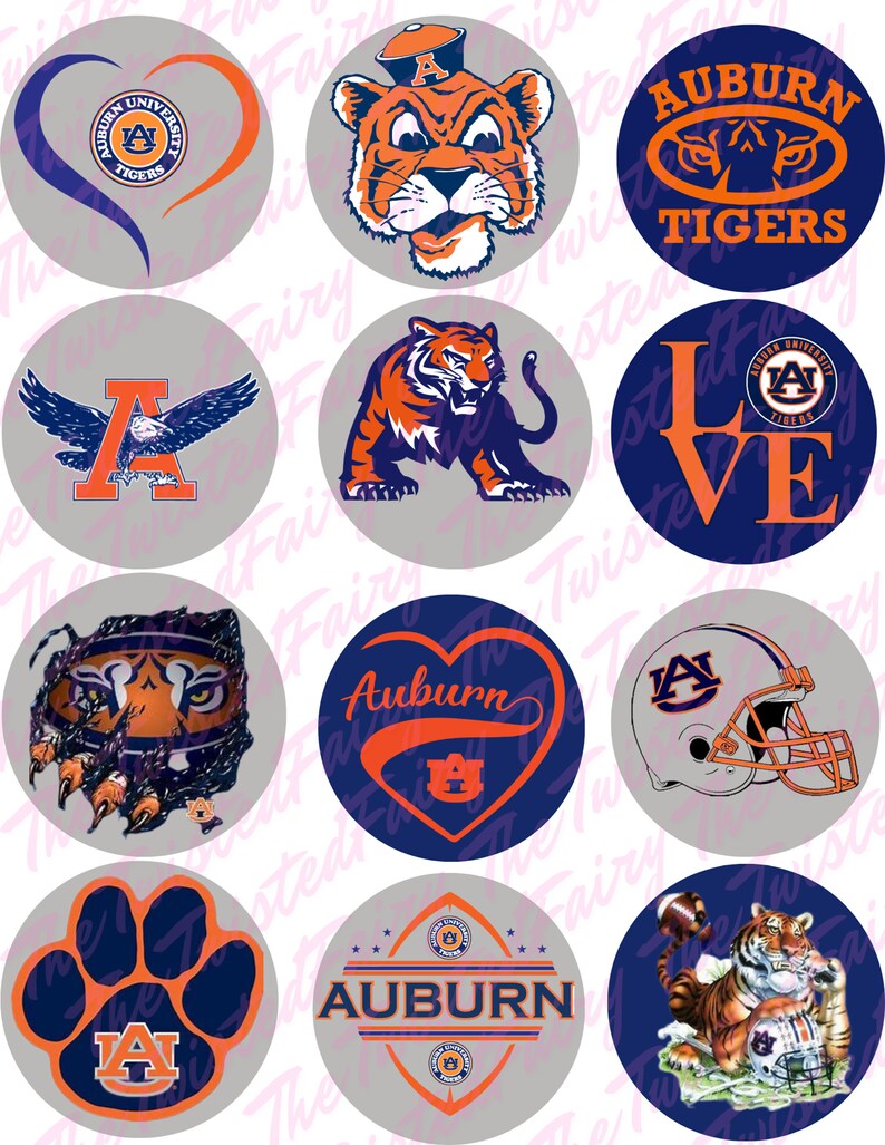 May include: Nine round stickers featuring various Auburn University logos and designs. The stickers include a tiger, a football helmet, a paw print, a heart, and the words "Auburn Tigers".