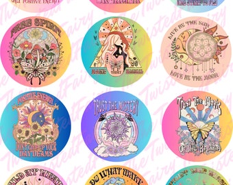 May include: A collection of round stickers with celestial and bohemian designs. Each sticker features illustrations of moons, suns, butterflies, and flowers, along with inspirational phrases like "Only Positive Energy" and "Trust Your Wings". The stickers have a gradient background.