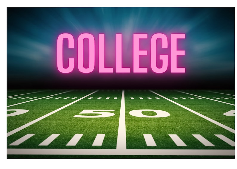 May include: A green football pitch with white yard lines and the word "COLLEGE" in pink neon letters above the pitch.