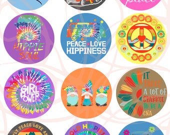 May include: Twelve colorful round stickers with various hippie-themed designs, including peace signs, tie-dye patterns, gnomes, and a Volkswagen van. The stickers feature phrases like "Peace Love Happiness", "Girl Power", and "Old Hippies Rule".