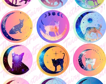 May include: Twelve colorful round stickers with a crescent moon and a cat silhouette. Each sticker has a different watercolor background with stars, moons, and other celestial elements.