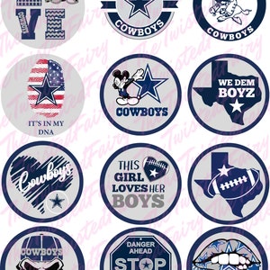 May include: Twelve round, blue and grey, Dallas Cowboys themed, printable cupcake toppers. The toppers feature various designs including a football helmet, a star, a heart, a Mickey Mouse character, a Texas state outline, and a skull.