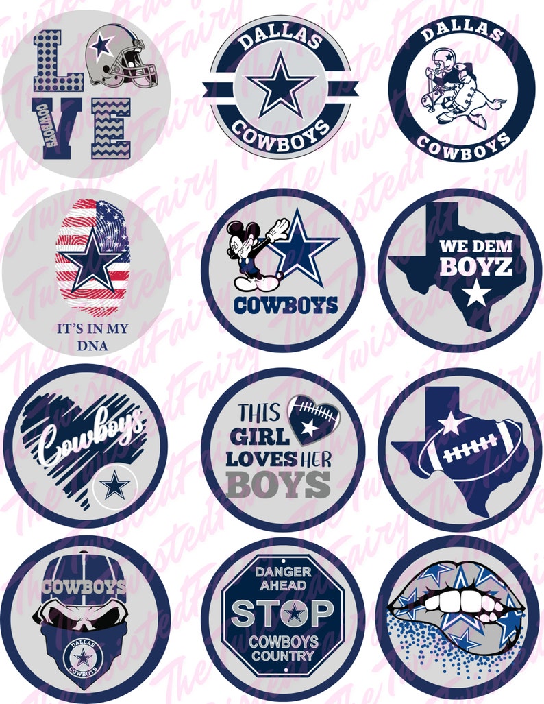 May include: Twelve round, blue and grey, Dallas Cowboys themed, printable cupcake toppers. The toppers feature various designs including a football helmet, a star, a heart, a Mickey Mouse character, a Texas state outline, and a skull.