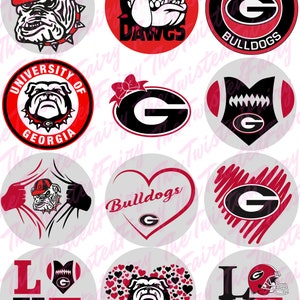 May include: Twelve round stickers featuring the University of Georgia Bulldogs logo in various designs. The designs include a bulldog head, the letter G, a football, a heart, and the words "Bulldogs" and "Love".