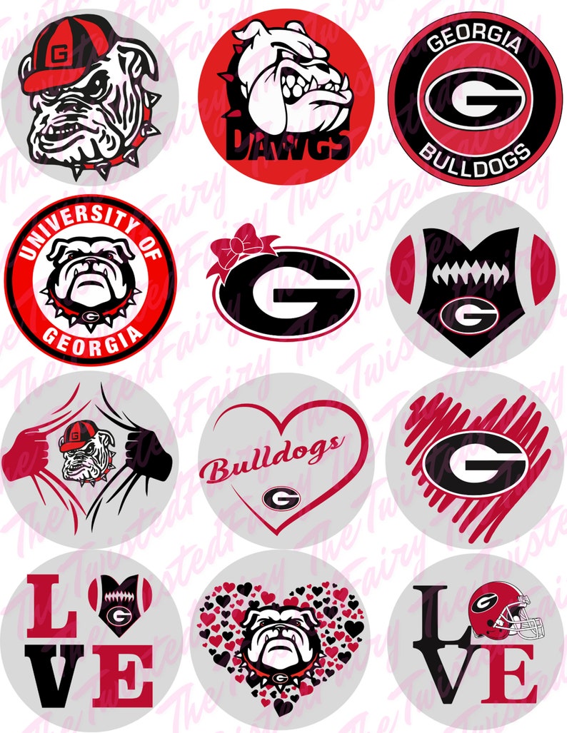 May include: Twelve round stickers featuring the University of Georgia Bulldogs logo in various designs. The designs include a bulldog head, the letter G, a football, a heart, and the words "Bulldogs" and "Love".
