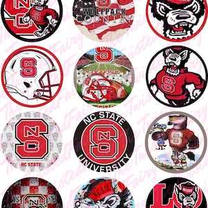 May include: Twelve round stickers featuring the NC State Wolfpack logo, mascot, and other imagery. The stickers feature a red and white colour scheme with the words "Wolfpack Country", "NC State", and "NC State University".