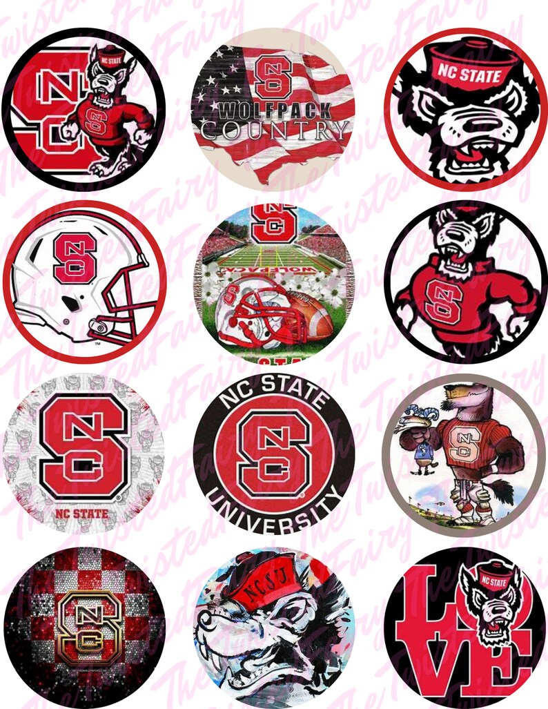 May include: Twelve round stickers featuring the NC State Wolfpack logo, mascot, and other imagery. The stickers feature a red and white colour scheme with the words "Wolfpack Country", "NC State", and "NC State University".