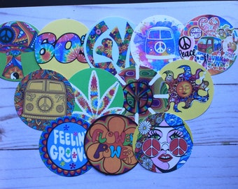 May include: A set of 12 round stickers with various designs inspired by the 1960s hippie counterculture. The stickers feature peace signs, tie-dye patterns, flowers, and psychedelic imagery. The text on the stickers includes "Peace", "Flower Power", "Feeling Groovy", and "Summer Lovin".