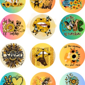 May include: Set of 10 round stickers featuring various designs with sunflowers, butterflies, bees, and inspirational quotes. The quotes include "Always Stay Humble & Kind", "Believe in Miracles", "For the Love of Sunshine", "Let the Sunshine on Your Mind", "Loved", "Peace Love Kindness", and "Faith".